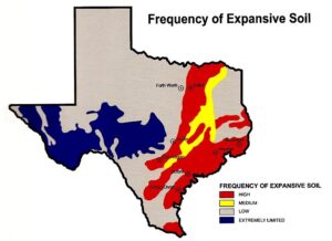 Map of Texas showing regions with expansive clay soil