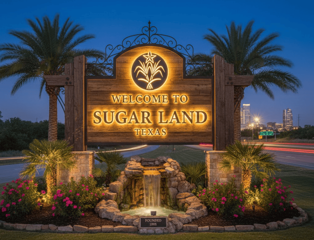 1. Welcome to Sugar Land Texas sign illuminated at dusk with palm trees, flowers, and water feature, promoting luxury pools and outdoor living in Sugar Land, TX.