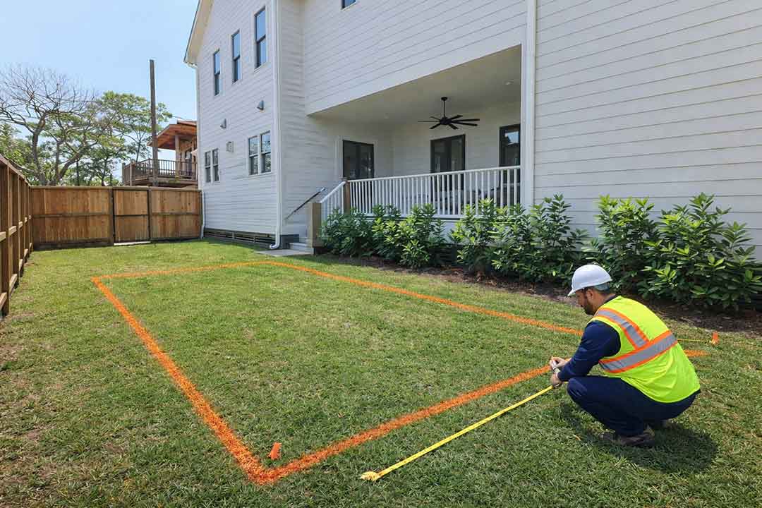 Worker measuring and marking rectangular pool layout in backyard
