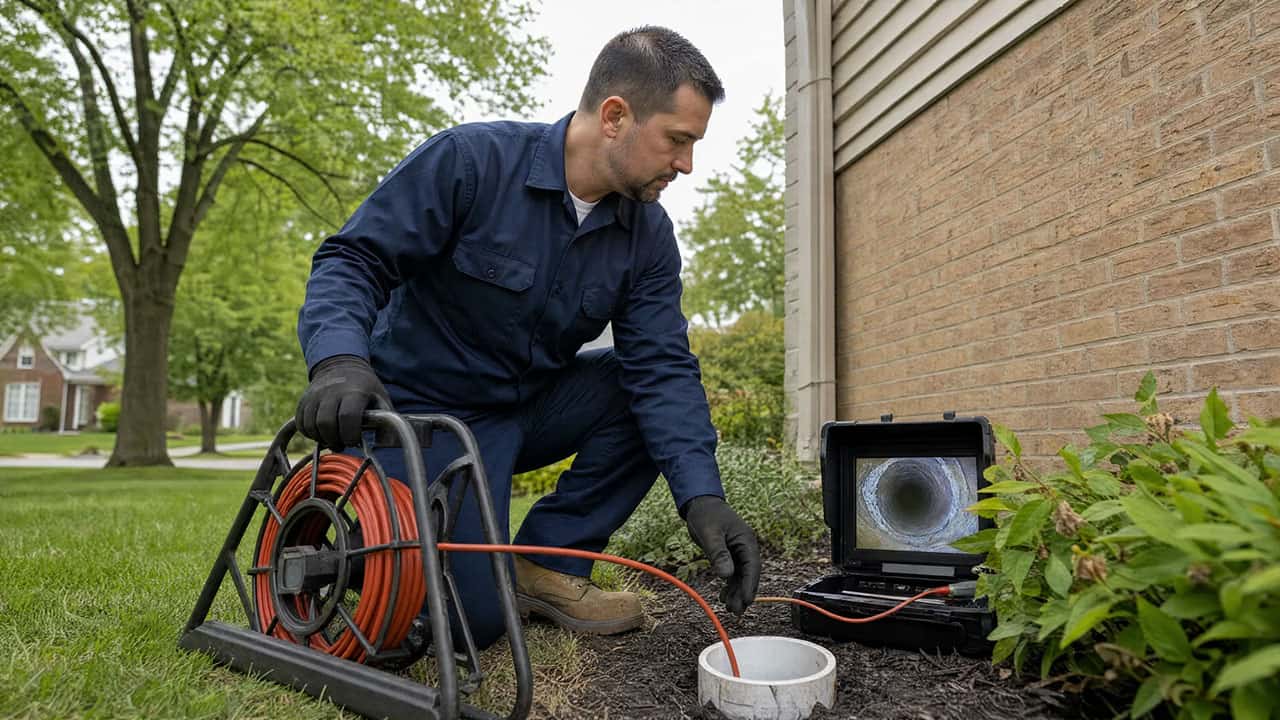 A Drain Bros llc worker checks a home's sewer line using a camera system, closely watching the results on a screen.