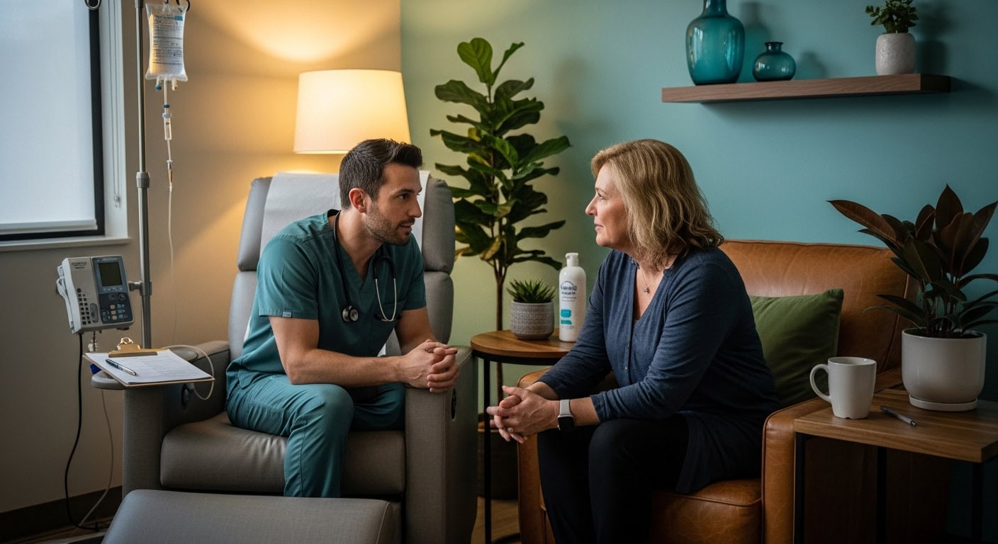 Doctor compassionately consulting with a patient in a cozy modern clinic treatment bay, illustrating Ketamine Therapy for Neuropathic Pain in a patient-focused setting