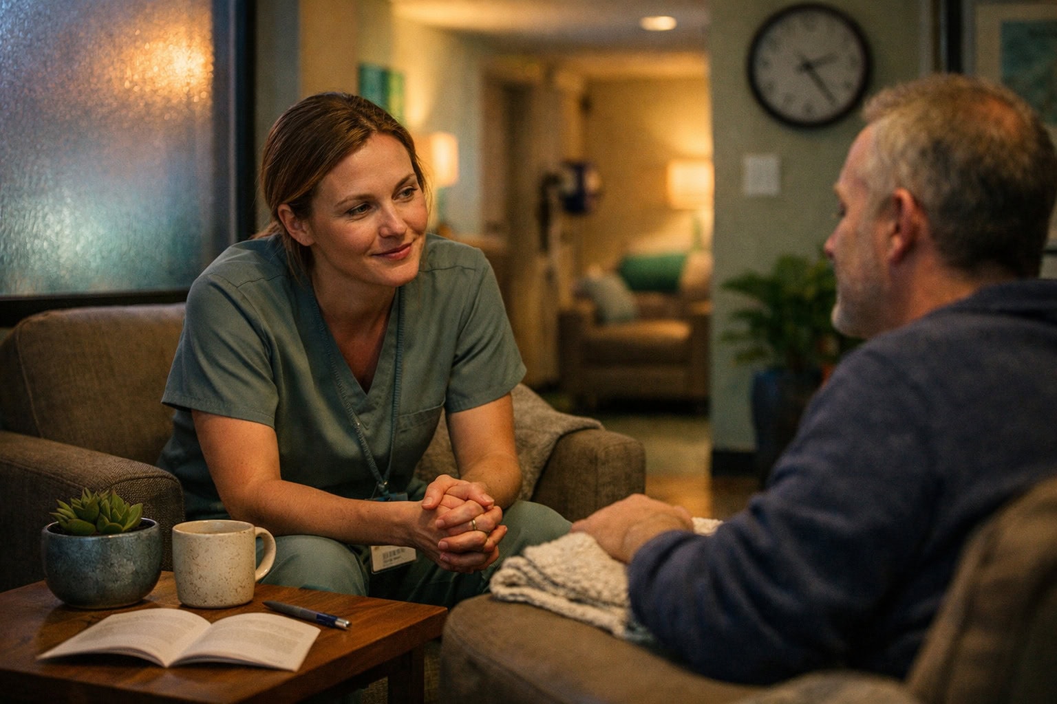 Clinician and patient in a cozy modern clinic discussing treatment options in a high-end setting, illustrating a patient-focused comparison of ketamine infusion vs nasal spray.