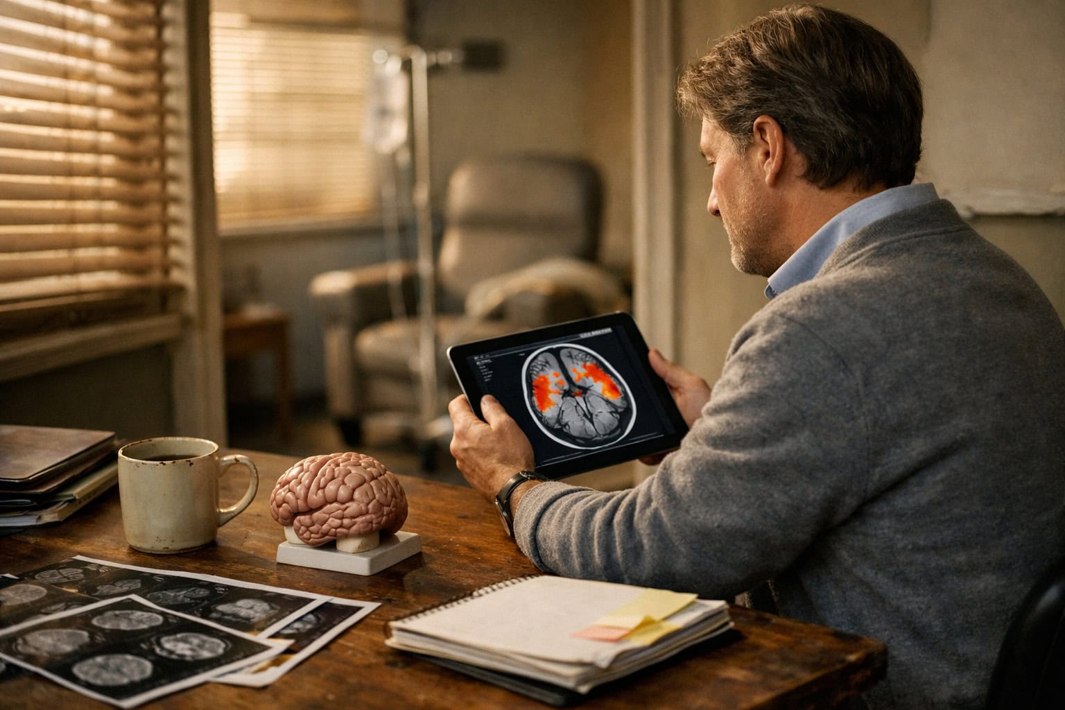 Clinician in a treatment room reviewing brain imaging with a brain model and infusion chair visible, illustrating ketamine neuroplasticity research and clinical practice