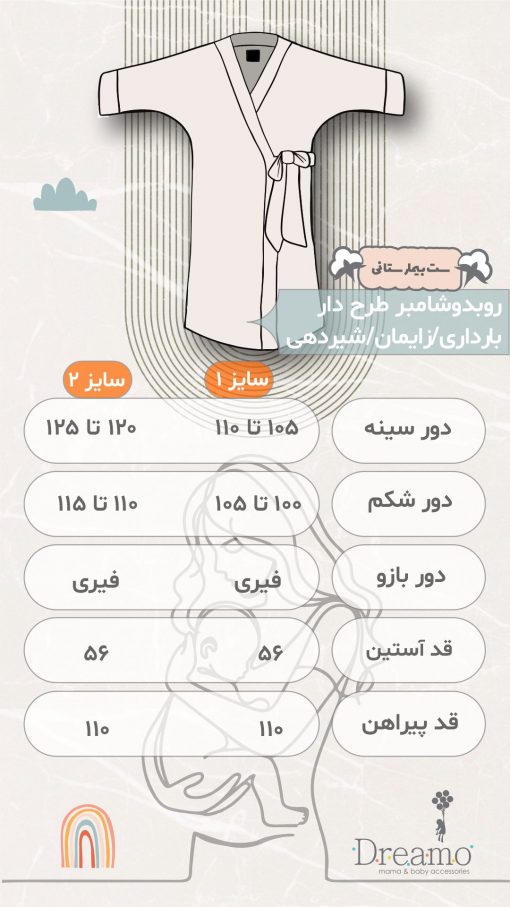 ست بیمارستانی طرح دالی سایز 1 شامل یک روبدوشامبر سایز 1، دورپیچ، کلاه و هدبند مادر است. این ست با طراحی زیبا و جذاب، راحتی و آرامش را برای مادران در دوران بارداری و پس از زایمان فراهم می‌کند. جنس نرم و لطیف این محصولات، احساس راحتی را به ارمغان می‌آورد و مناسب برای استفاده در بیمارستان و منزل است. با رنگ‌های ملایم و طرح دلنشین دالی، این ست به زیبایی و شیک بودن مادران کمک می‌کند.