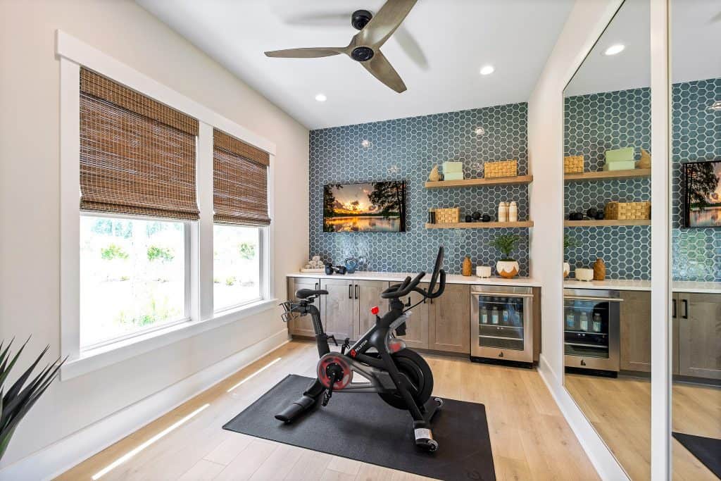 Custom bathroom vanity with freestanding tub and hex tile shower