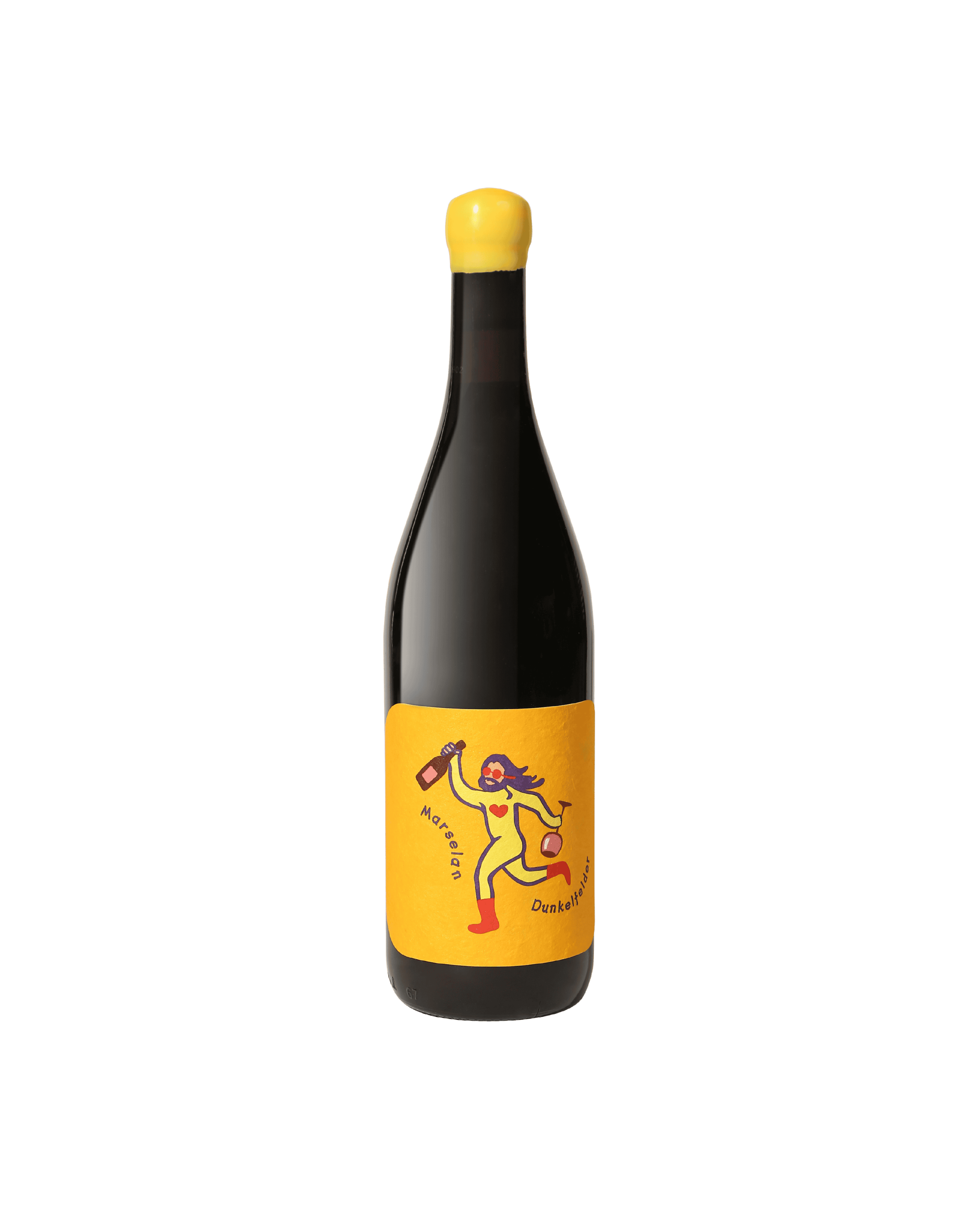 Wine bottle with colorful label and yellow cap.