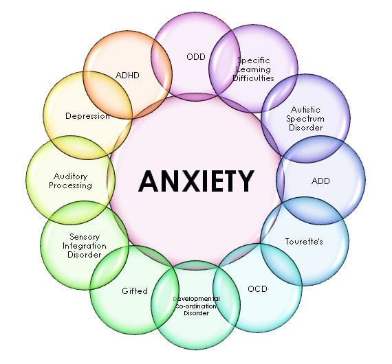 ADHD and anxiety disorder infographic showing overlapping mental health conditions.