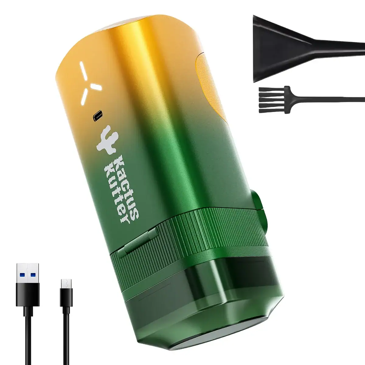 Kactus Kutter K2 Pro electric herb grinder in green and gold gradient with USB-C cable and cleaning brush