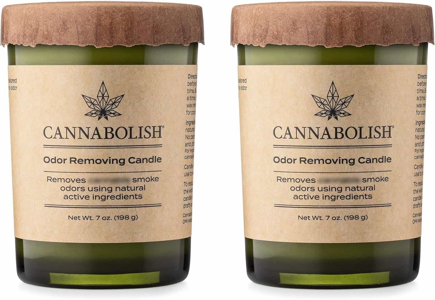 Two Cannabolish Odor Removing Candles in green jars with natural paper labels and cannabis leaf logo