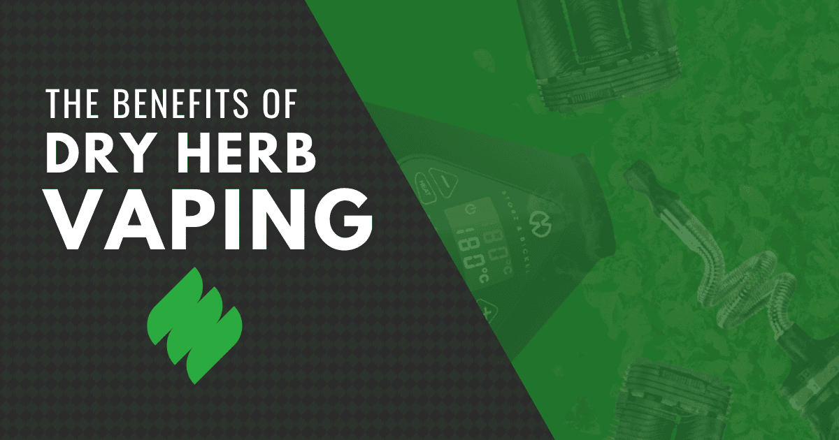 Promotional graphic highlighting the benefits of dry herb vaping. The left side features bold white text stating 'The Benefits of Dry Herb Vaping' alongside a green leaf logo, set against a dark patterned background. The right side has a green overlay with faint images of vaping equipment, including a digital temperature display showing '180°C' and parts of a vaporizer. Designed to emphasize the advantages of dry herb vaporizers, the image reinforces key benefits such as cleaner consumption, enhanced flavor, and efficiency.