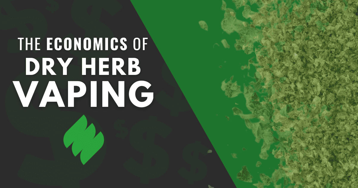 The Economics of Dry Herb Vaping – A split-background graphic featuring bold white text on the left and finely ground dry herb on the right. The design emphasizes the cost-saving benefits of dry herb vaporizers compared to traditional smoking methods.