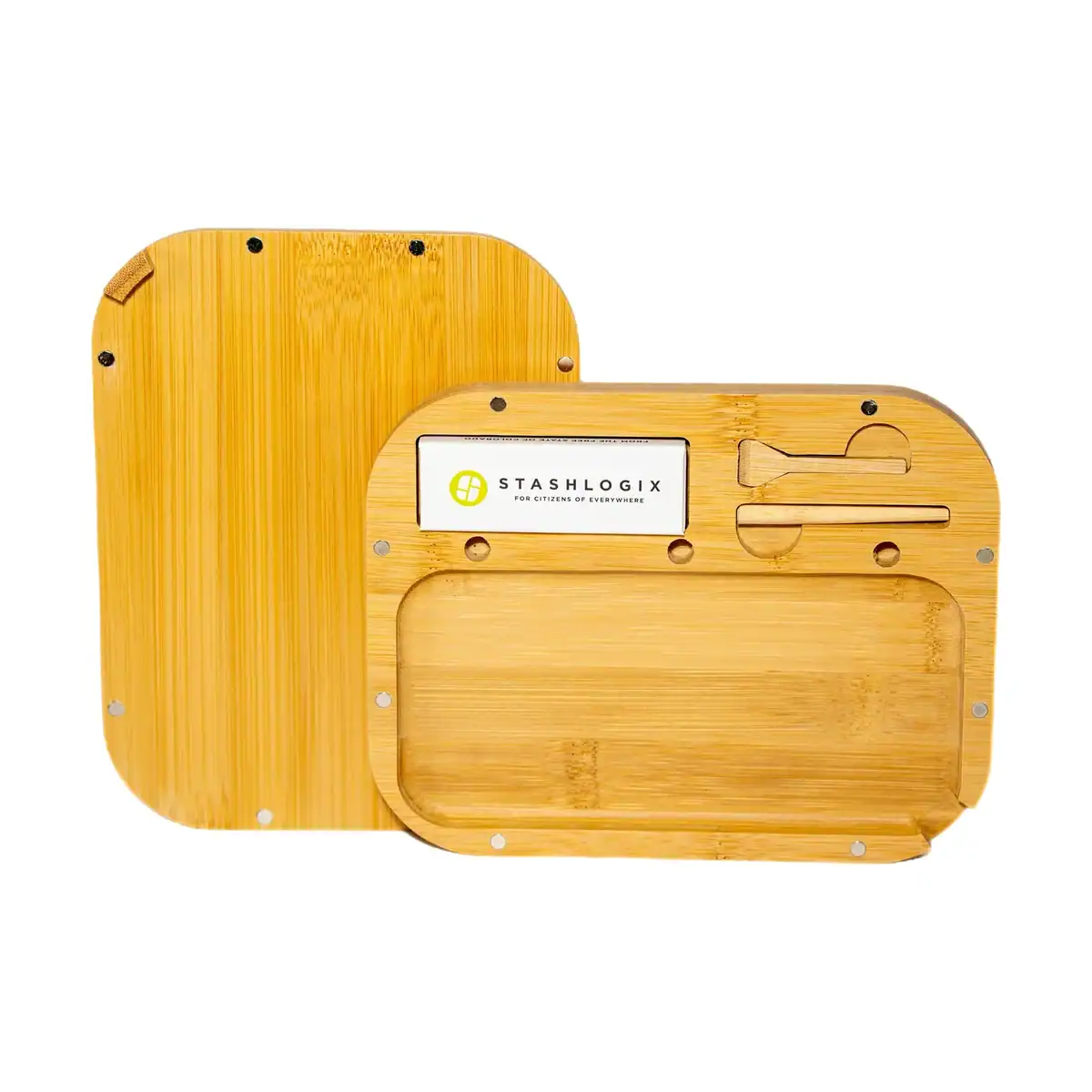 Stashlogix Woody Creek Work Tray made of bamboo wood with magnetic lid, tool slots, and rolling area