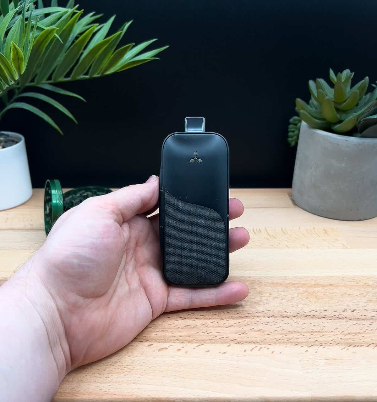 AirVape Legacy Pro review – close-up of the premium hemp cloth design and compact build of this feature-packed dry herb vaporizer.