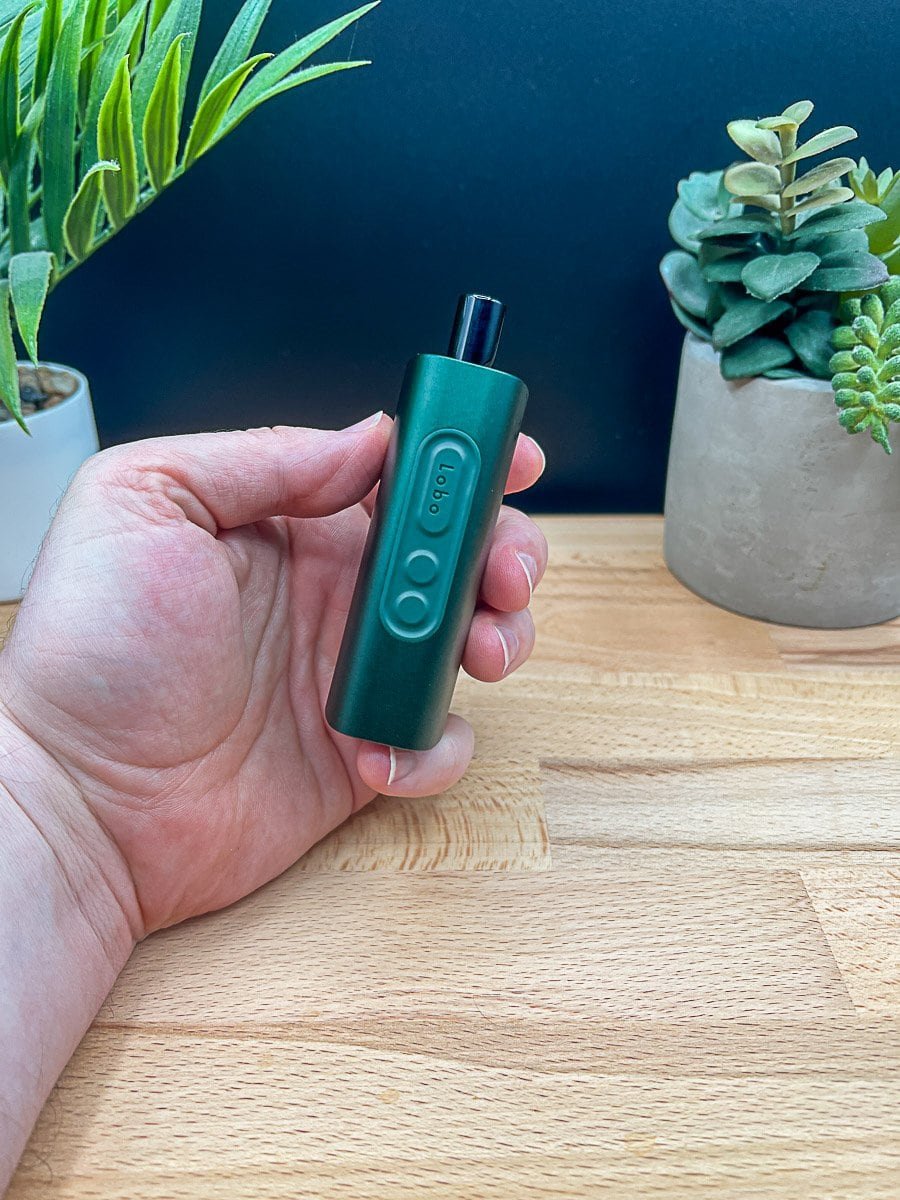 Close-up of POTV Lobo vaporizer buttons on green aluminum body – hand-held shot for 2025 review
