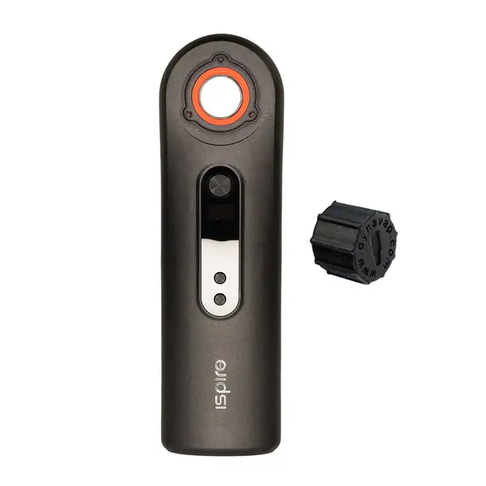 Ispire The Wand induction heater in black with orange ring and a Dynavap adapter next to it