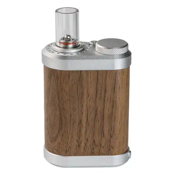 Tinymight 2 dry herb vaporizer with wood and metal finish and glass stem