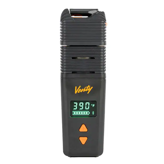 Storz & Bickel Venty dry herb vaporizer displaying 390 degrees Fahrenheit with adjustable airflow