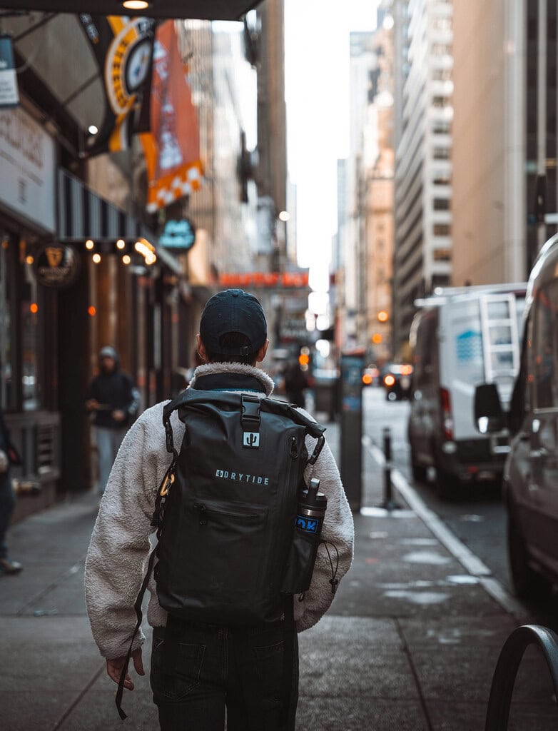 Waterproof Backpack in Urban Setting DryTide 18L compact waterproof backpack in New York city