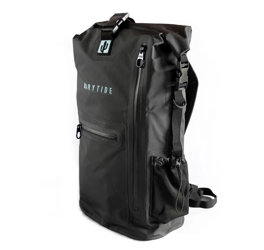 DryTide Waterproof Backpack for Outdoor Adventures Black DryTide waterproof backpack with multiple compartments and adjustable straps.