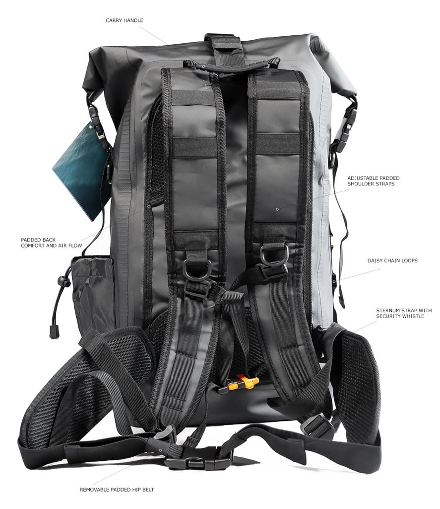Drytide Waterproof Backpack with Shoulder Straps Waterproof backpack featuring adjustable padded shoulder straps and secure chest strap.