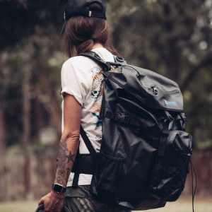 DryTide 50L travel backpack biker