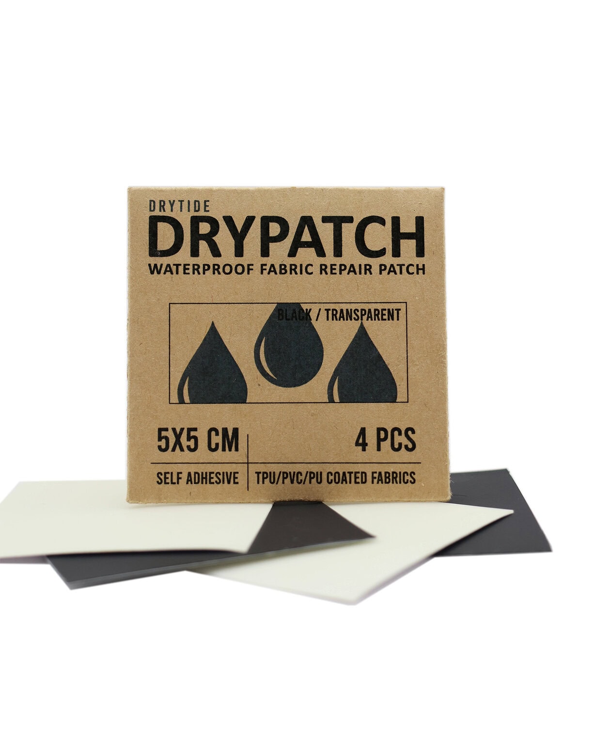 Drytide Drypatch waterproof fabric repair patches in black and transparent.