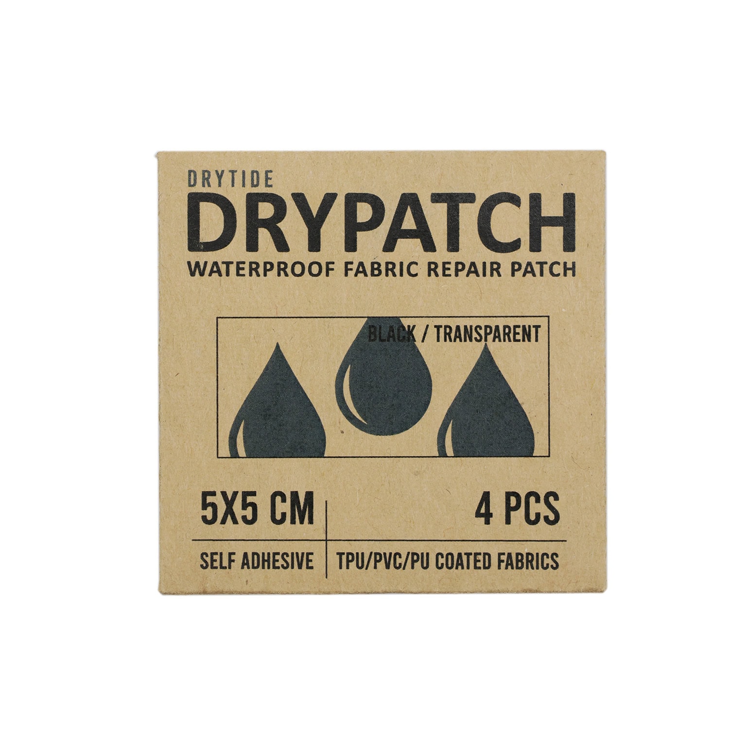 Drytide Drypatch waterproof fabric repair patch in black and transparent.