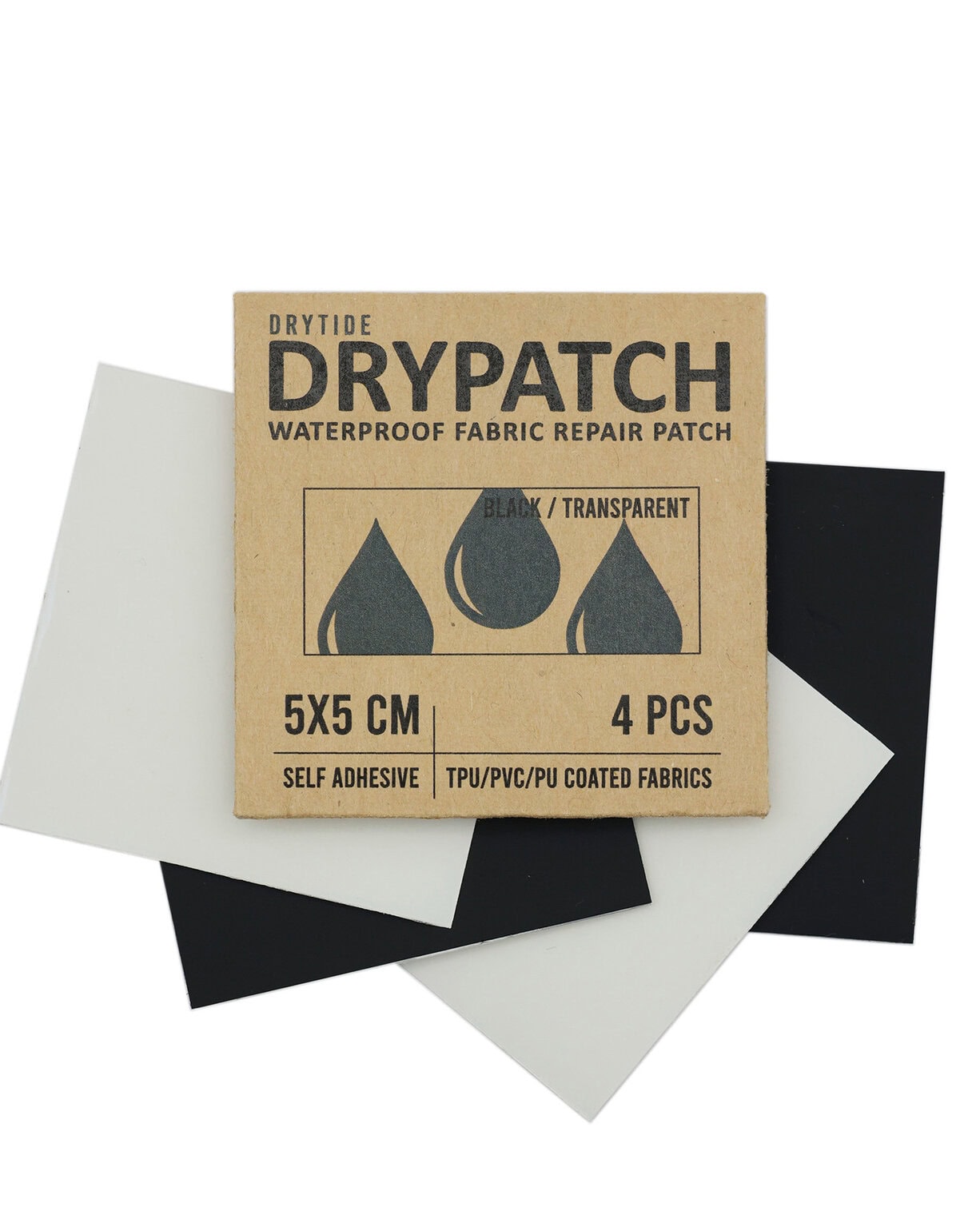 Drytide DryPatch waterproof fabric repair patches in black and transparent.