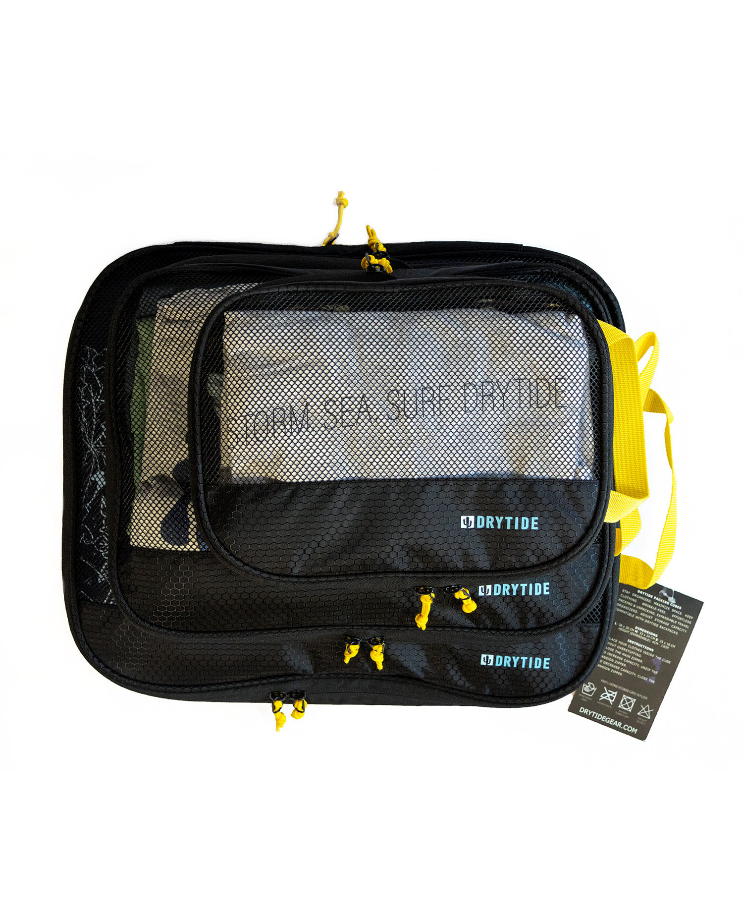 Waterproof gear organizer with multiple compartments and yellow zippers.