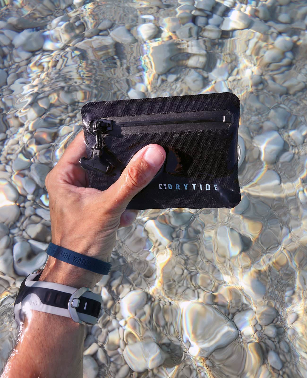 Holding DryTide waterproof wallet underwater.