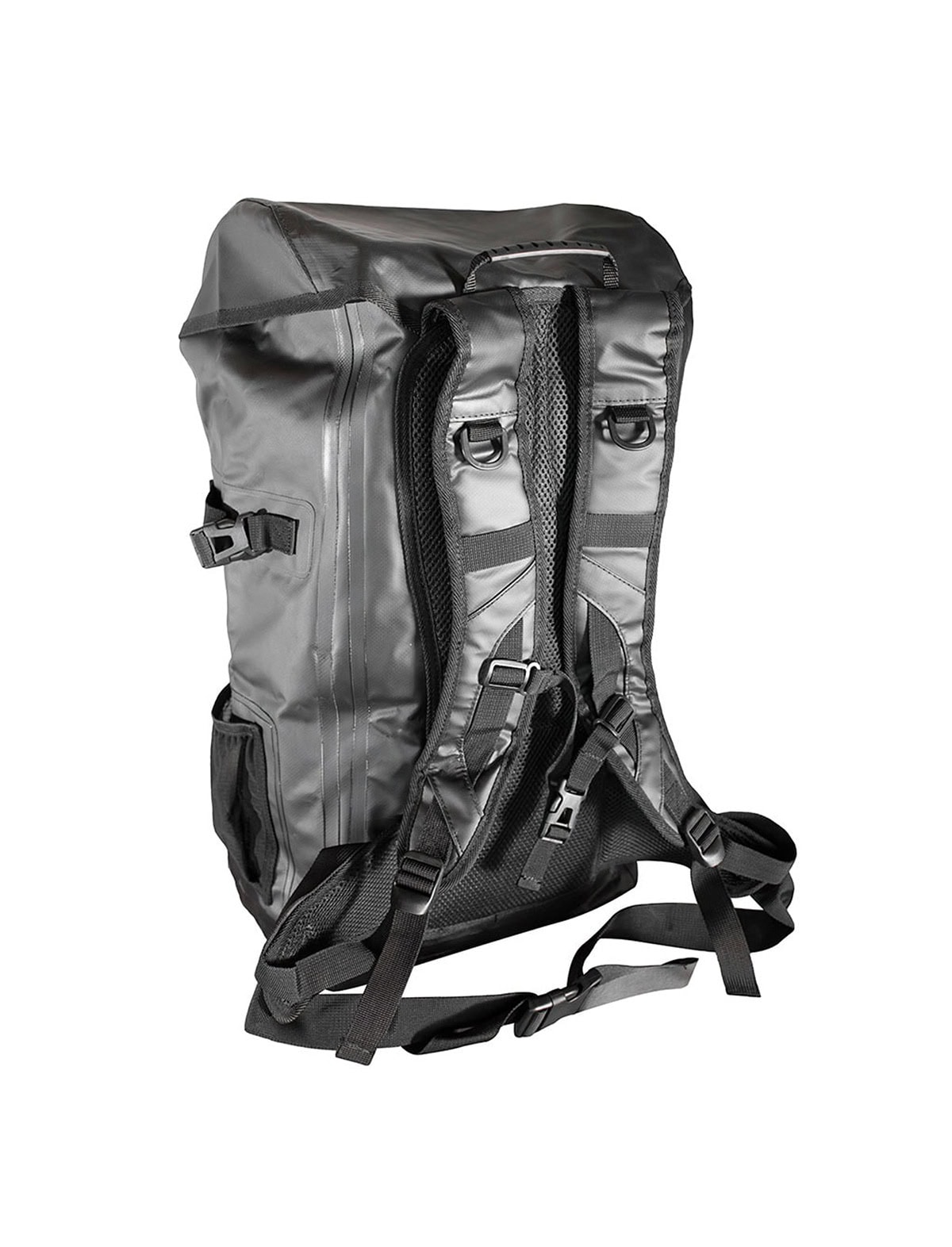 waterproof travel backpack back view: padded back, shoulder straps and hip belt