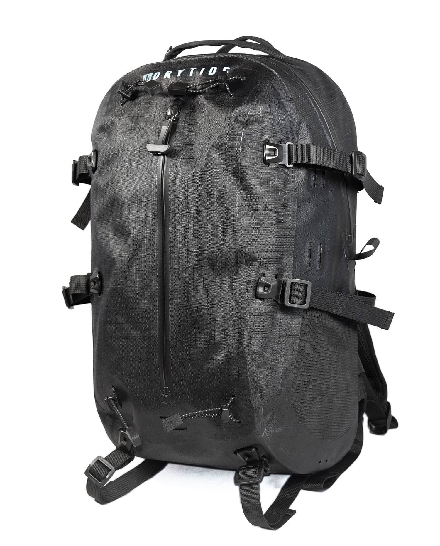 Black Drytide waterproof backpack with multiple straps and zippers for outdoor use.