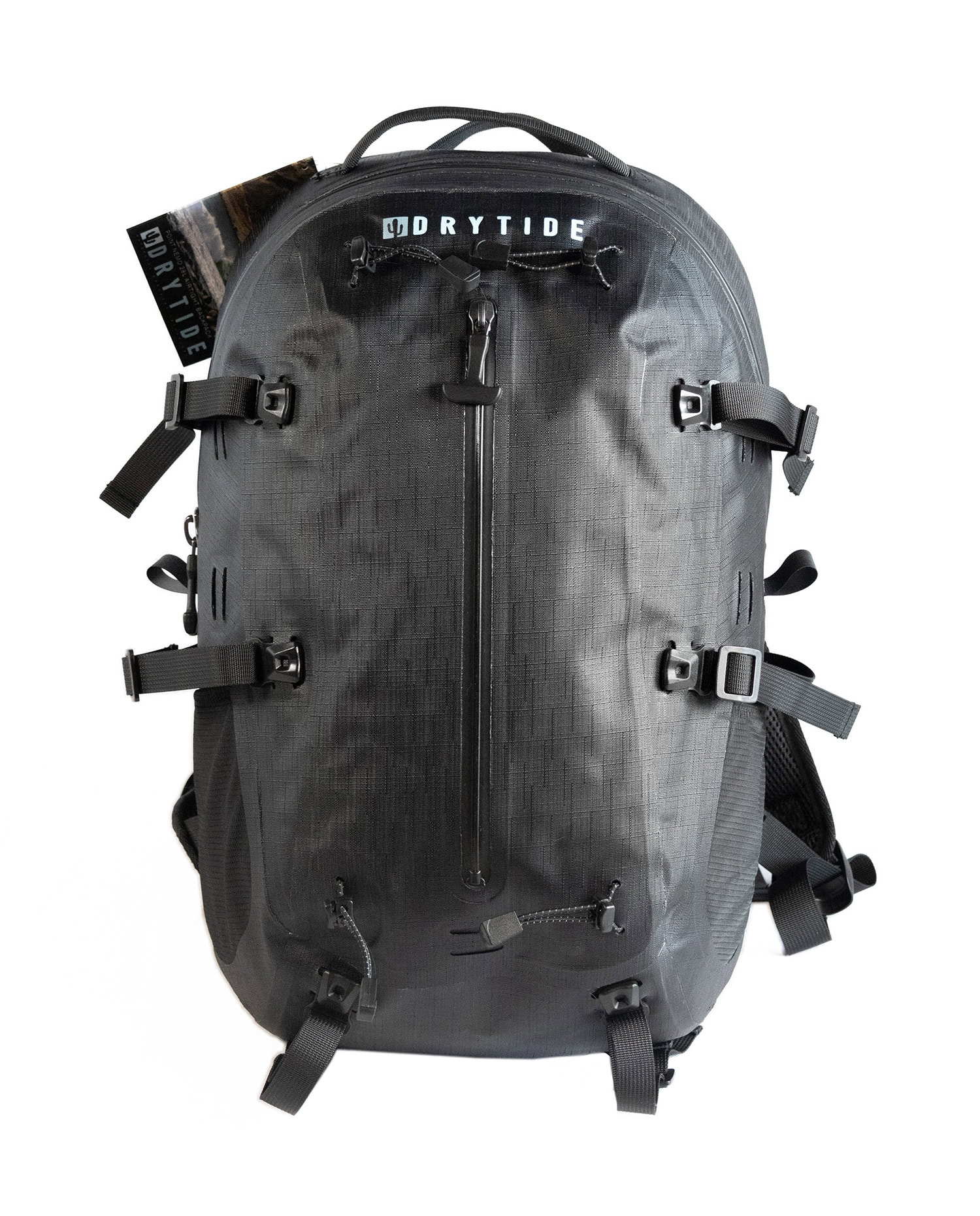 Black Drytide waterproof backpack with multiple straps and zippers for outdoor use.