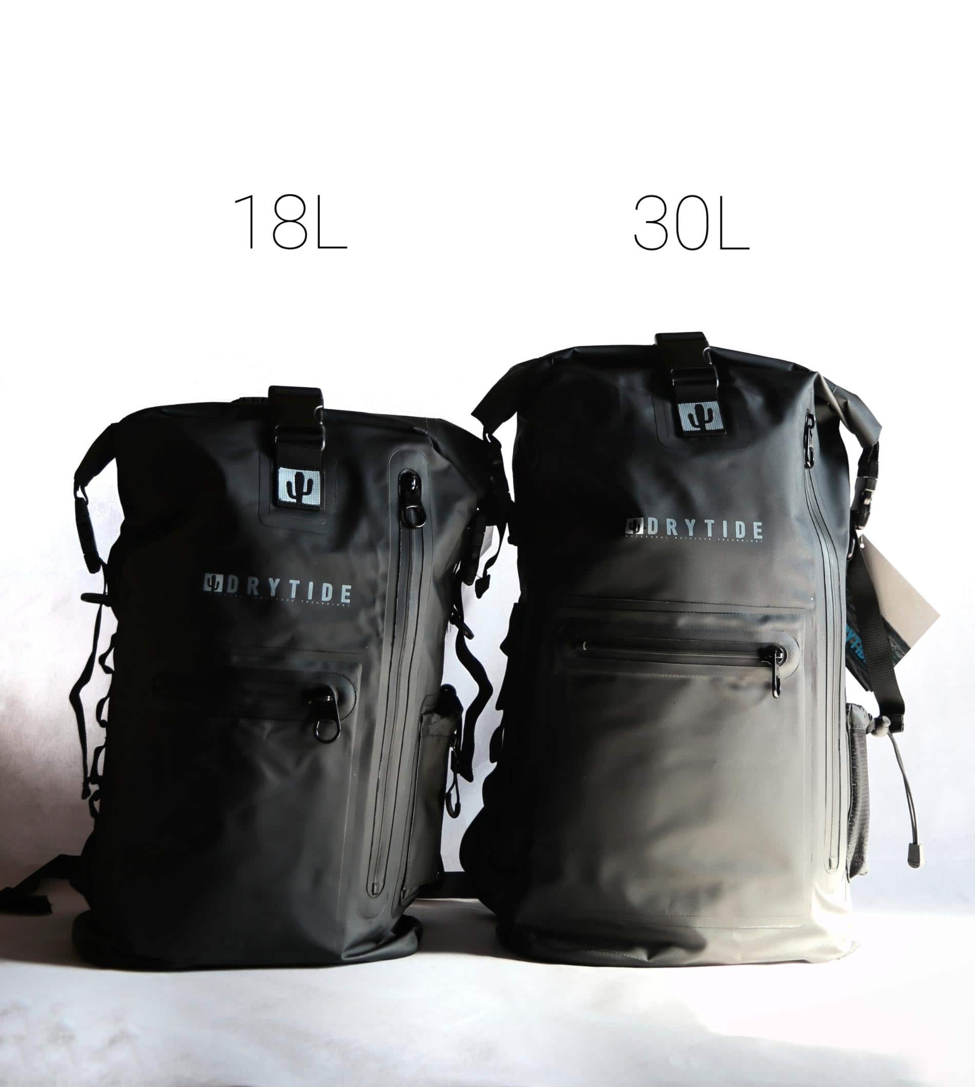 DryTide Waterproof Backpack Size Comparison DryTide 30L and 18L side by side backpack size comparison