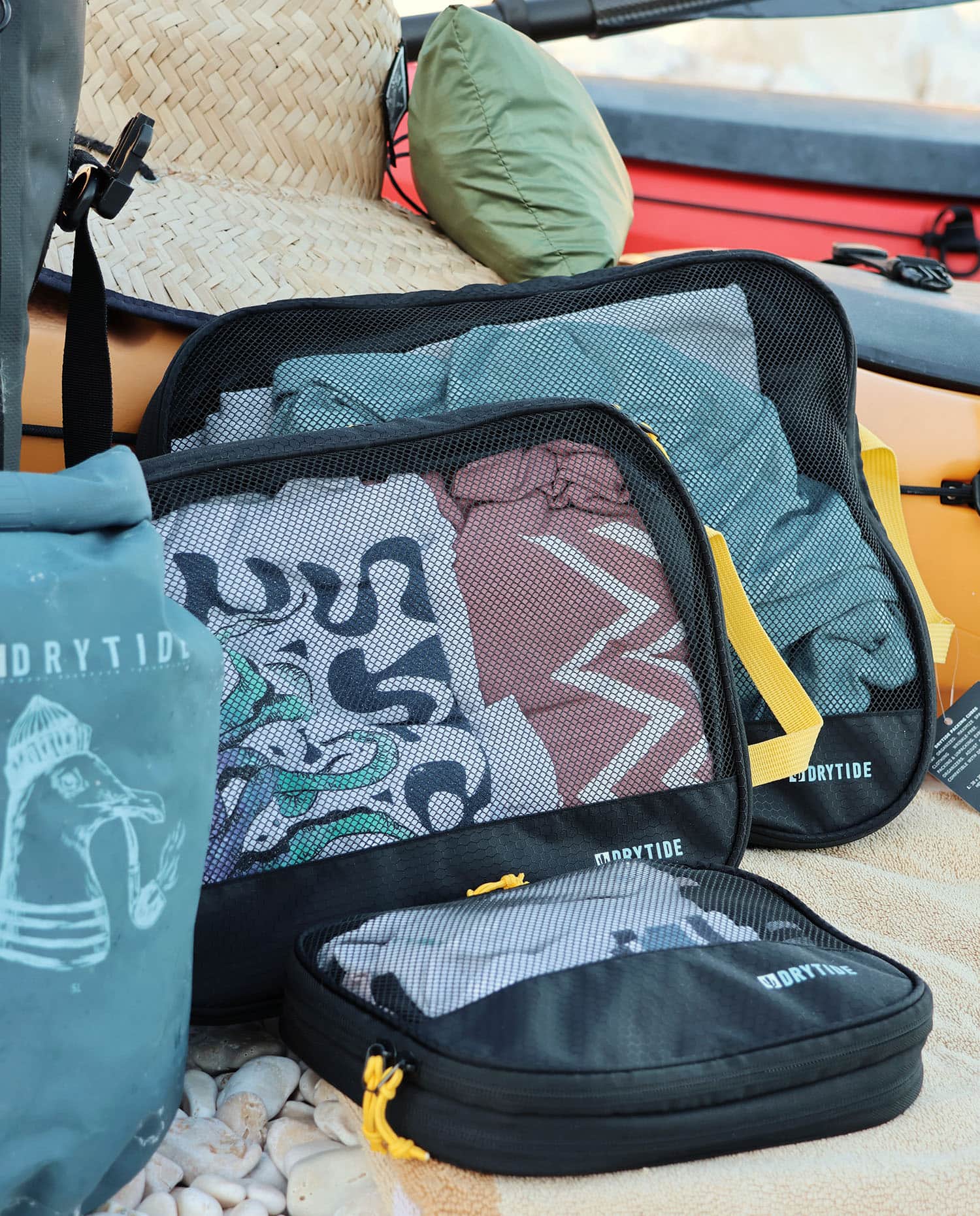 Expandable packing cubes filled with clothes