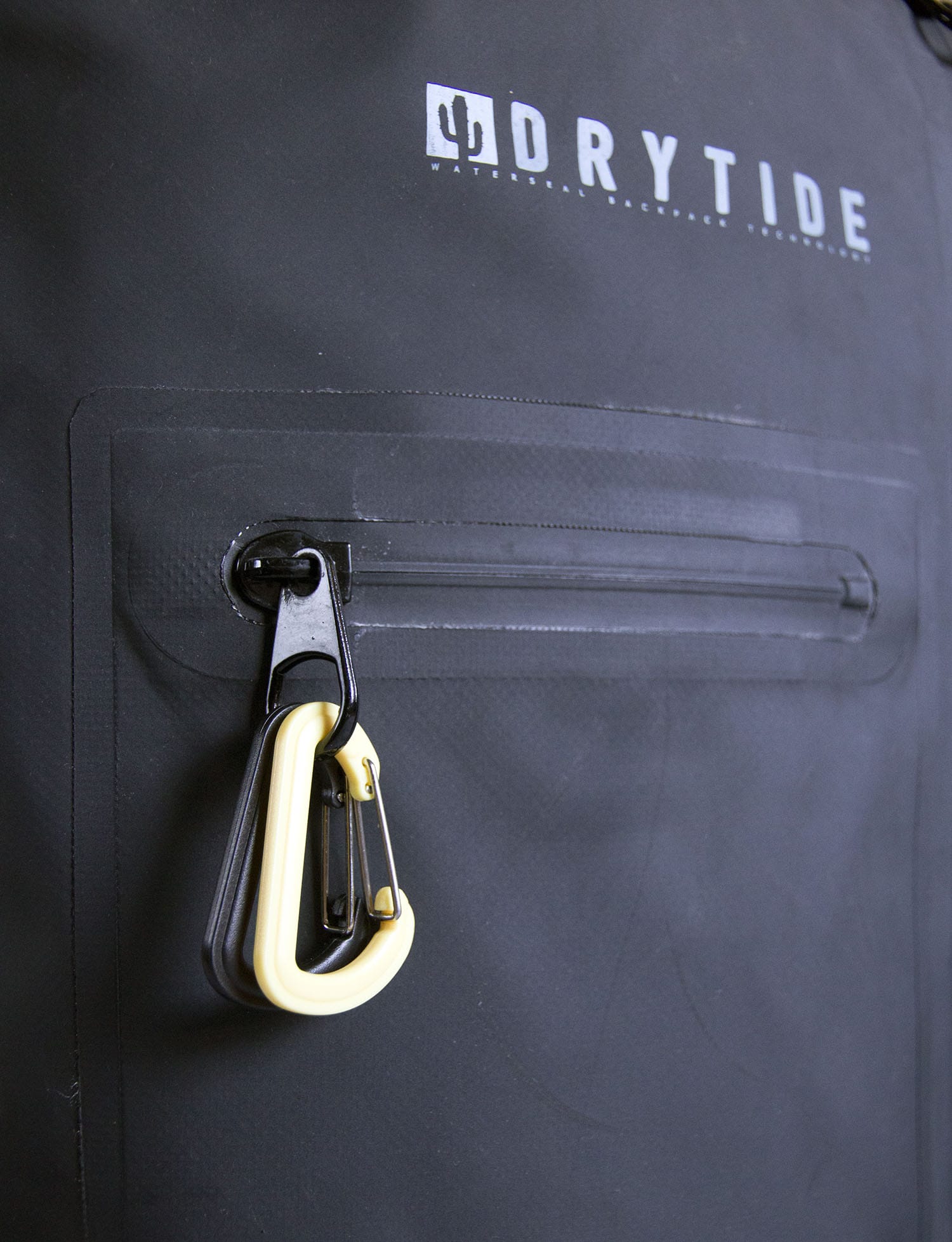 two carabiners on waterproof backpack