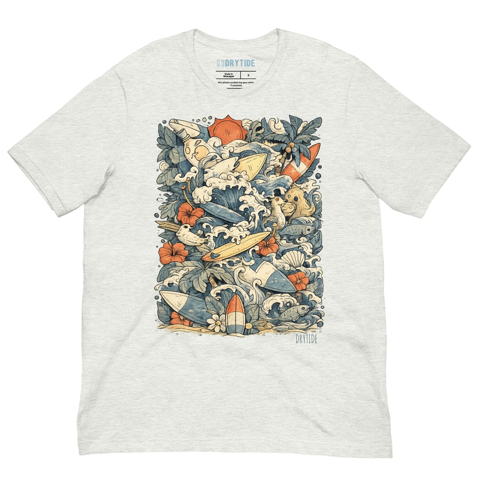 unisex-staple-t-shirt-ash-front-6a84a3de9a6ba.jpg Jungle-themed T-shirt with surfboards, animals, and tropical elements.