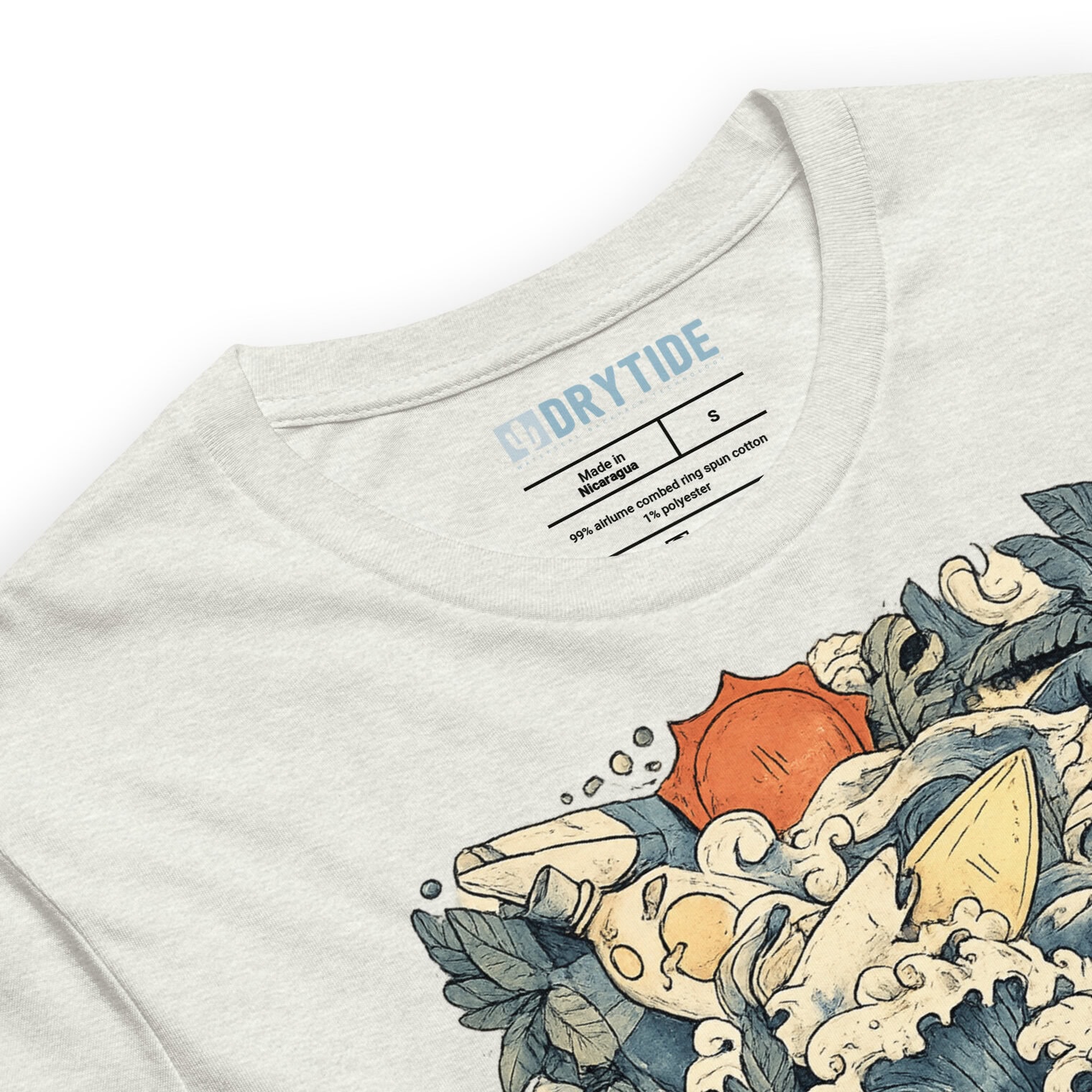 unisex-staple-t-shirt-ash-product-details-6a84a3de99e16.jpg Close-up of Jungle Madness Tee with tropical print design.