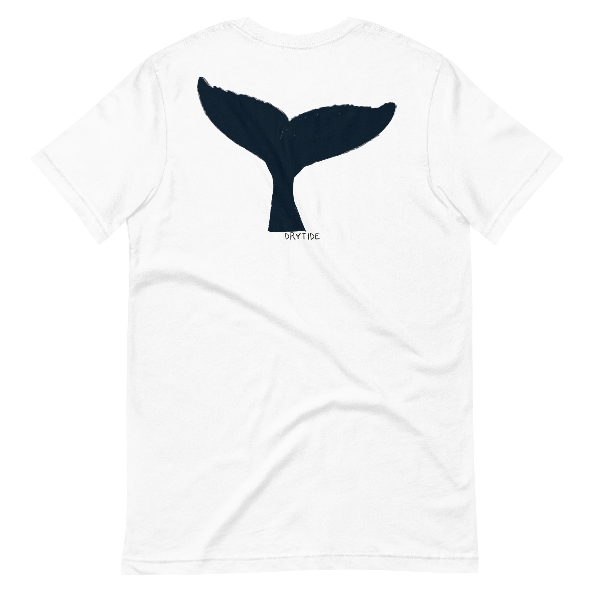 Bright whale tail graphic on white T-shirt.