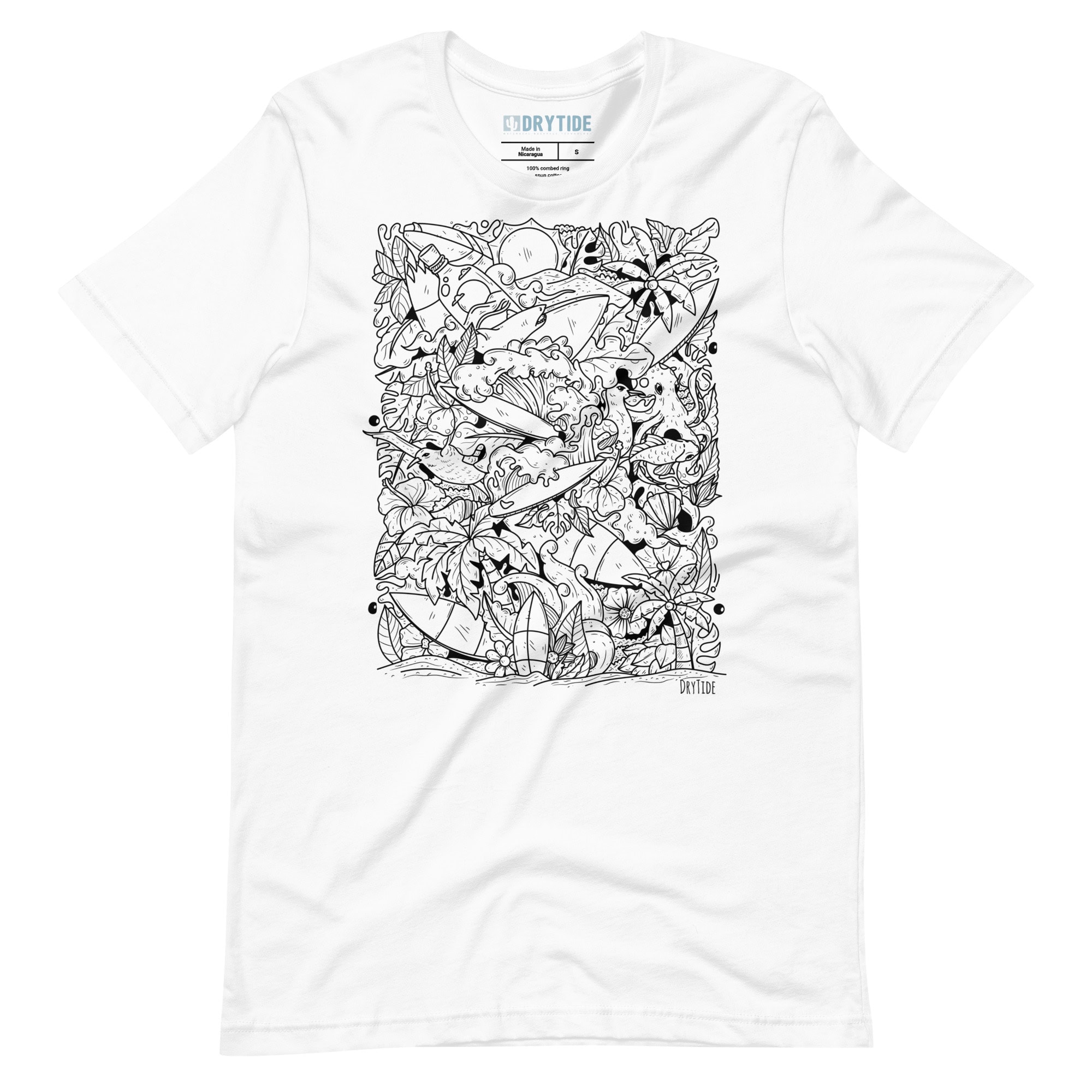 Bright white T-shirt with intricate jungle-themed line art design.