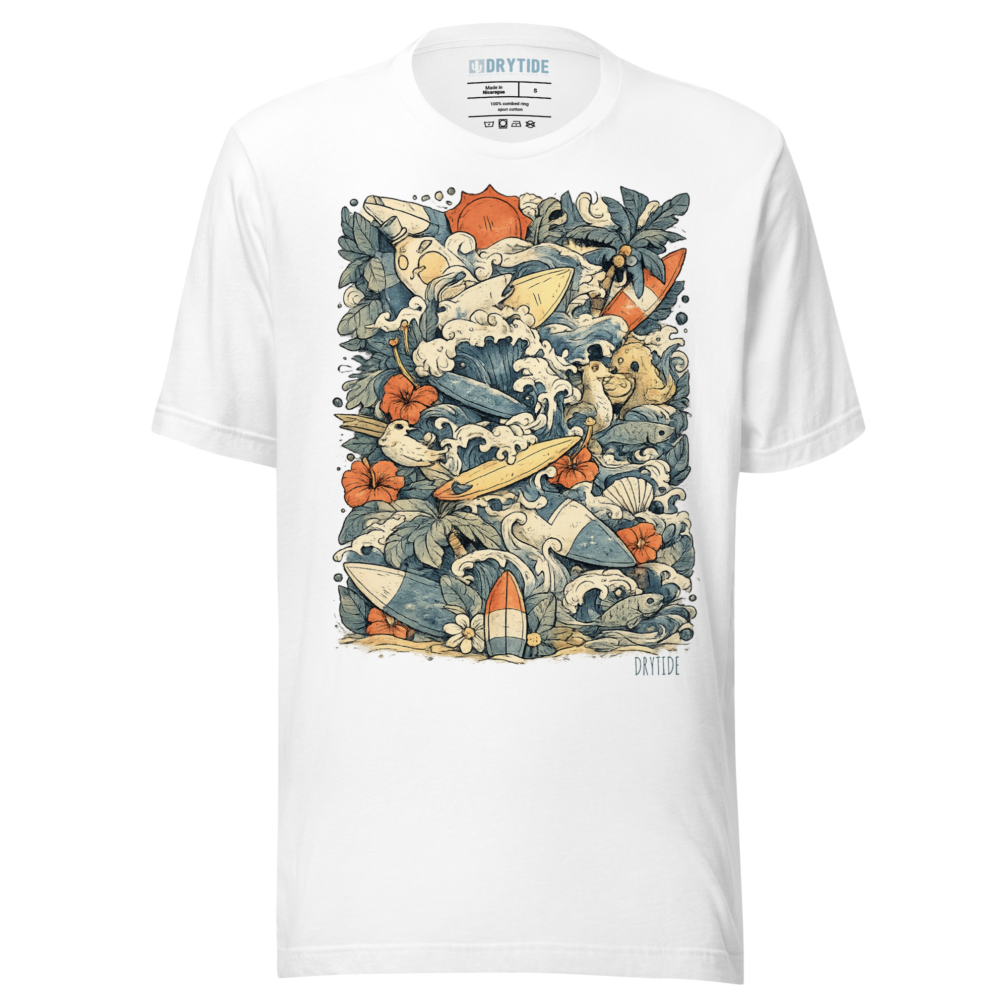 unisex-staple-t-shirt-white-front-6a84a3de97d07.jpg Jungle-themed graphic T-shirt with waves, animals, and tropical elements.