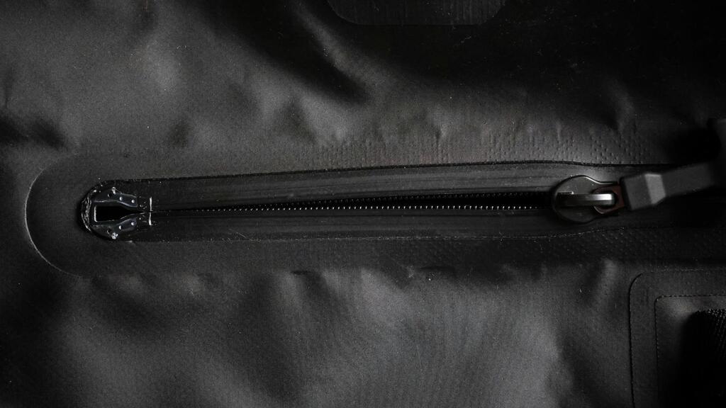 Close-up of waterproof zipper on DryTide waterproof backpack or duffel.