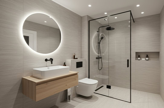 Minimalist Bathroom Floating Wood Vanity Glass Shower