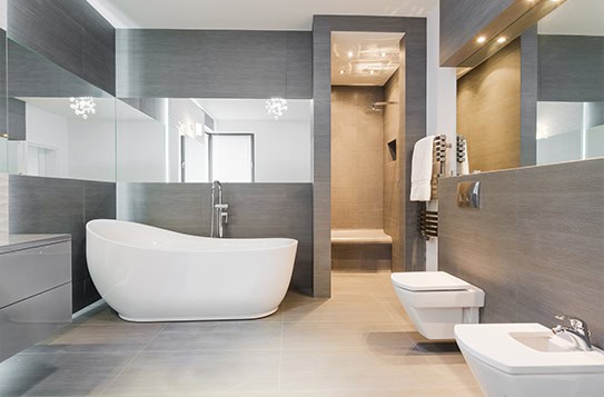Modern White Bathroom Double Vanity Marble Tub Shower