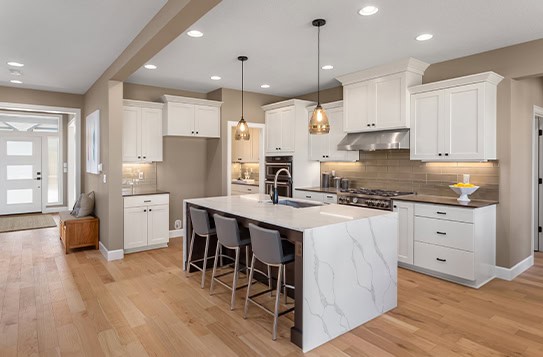Rustic Modern Kitchen Wood Cabinets Large Island Pendant Lights