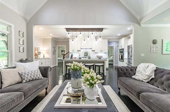 Transitional Living Room Open Kitchen Gray Sofas