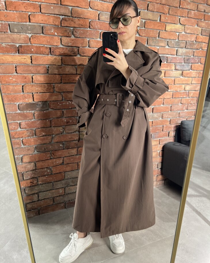 Oversize detaylı acı kahve trenç.