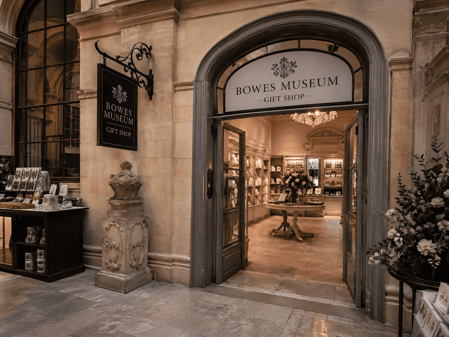Bowes Museum Gift Shop inside an elegant 18th-century French chateau with stone architecture, refined displays and museum gift items.