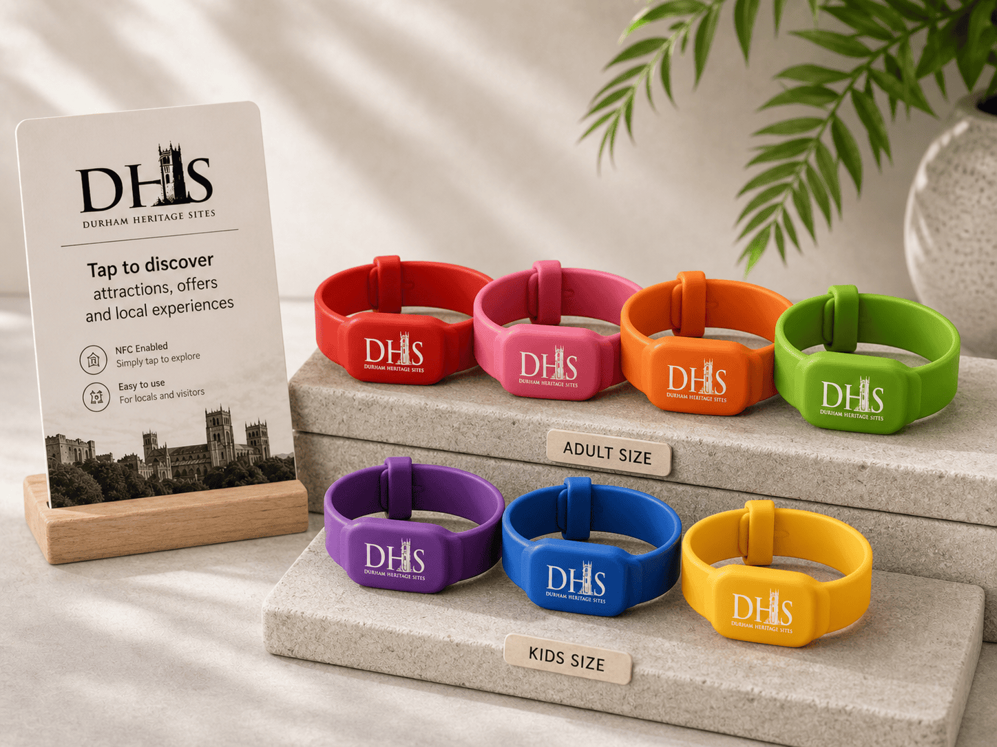 Colourful Durham Heritage Sites NFC smart wristbands displayed in adult and kids sizes with the DHS logo.
