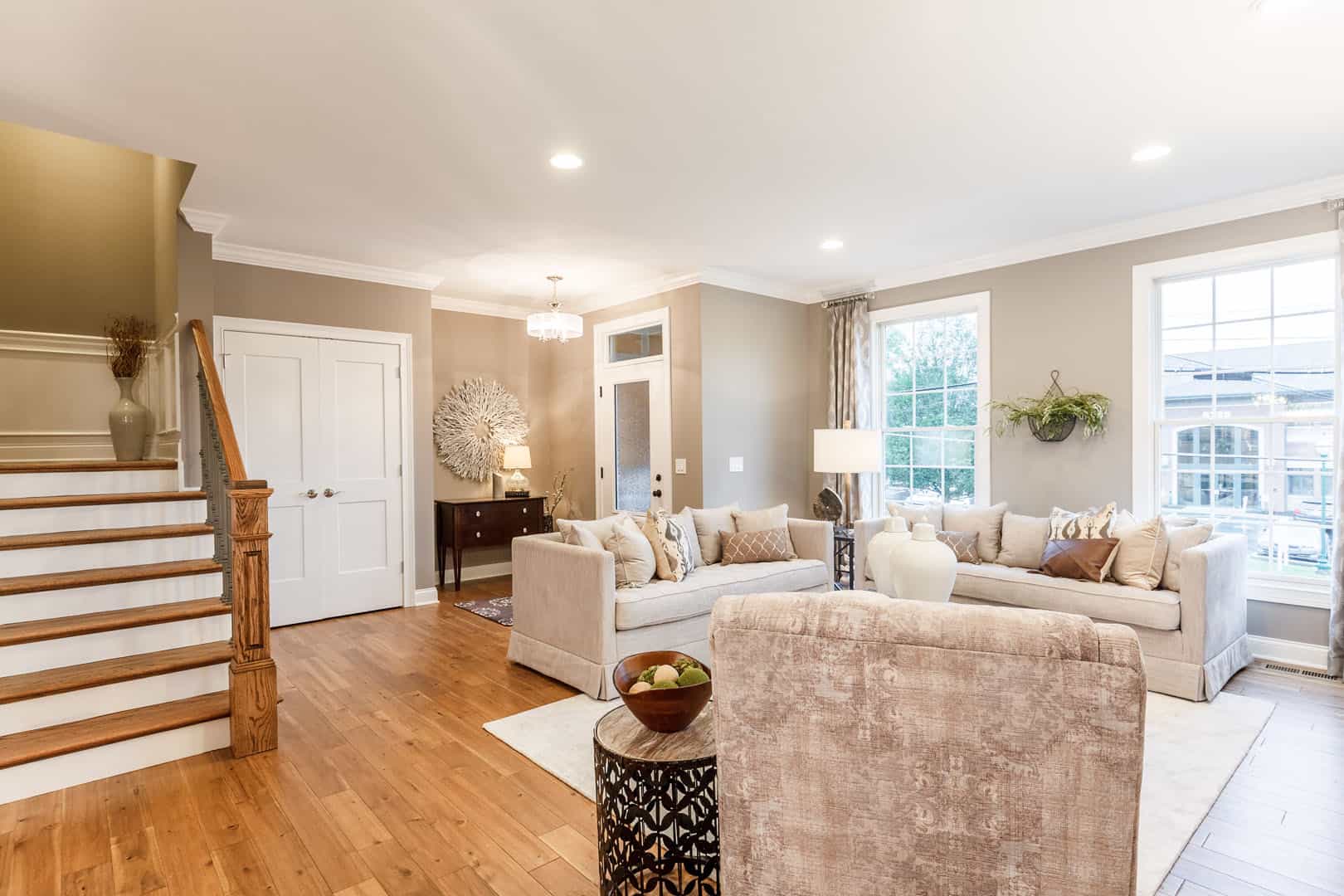 living room with staircase